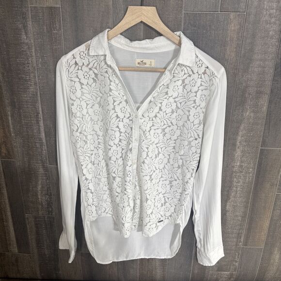 Hollister Tops - Hollister Shirt Womens Small White Lace‎ Floral Long Sleeve Collared Button Down